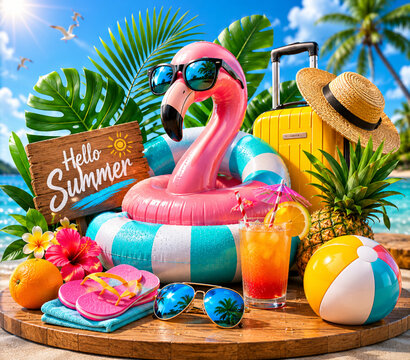 A vibrant and colorful summer vacation scene featuring an inflatable pink flamingo wearing sunglasses inside a striped swim ring. The setup includes essential holiday items like a yellow suitcase, 