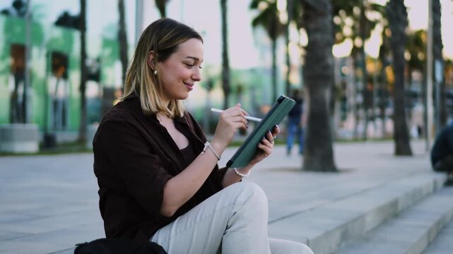 Smiling female student drawing digital tablet screen stylus pen sitting outdoors. Happy woman architect online learning creating project layout design remote workspace environment
