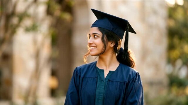 A smiling young Indian female graduate wearing a blue graduation gown and a matching mortarboard cap with a tassel stands outdoors on a campus.