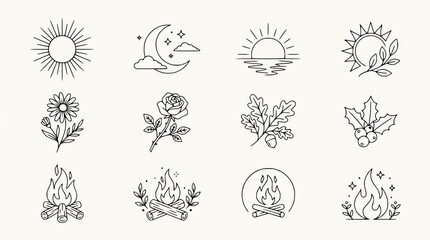 Boho Line Art Icons: Sun, Moon, Rose, Flower, Fire, Nature Elements © Embun