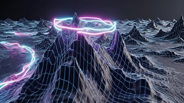 Futuristic Digital Landscape with Neon Energy Flowing Through Mountains.