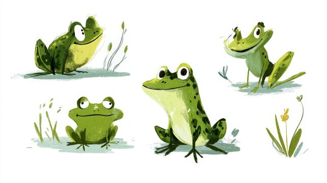 Four playful frogs sit in a simple garden. Each frog has big eyes and a cheerful expression. Green tones and soft shadows add a gentle feel. Frogs rest near grass and tiny flowers