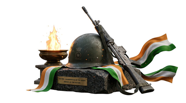 Amar jawan jyoti memorial with indian flag, helmet and rifle isolated on transparent background