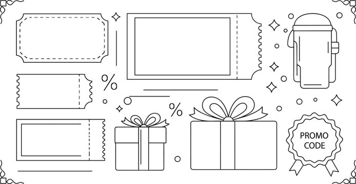 Discount coupon ticket and gift box promo code voucher template set vector line art collection