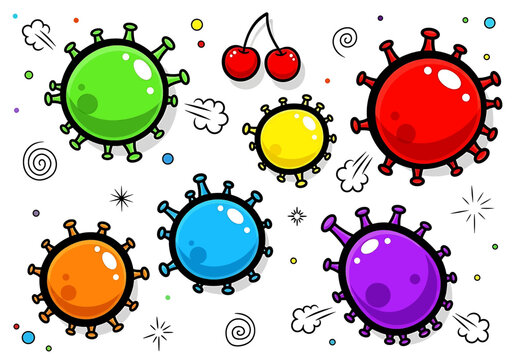 A collection of vibrant, stylized cartoon virus or bacteria cells in various colors, featuring spikes and comic-style elements on a white background.