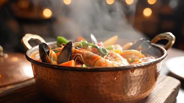 Steaming Hot Seafood Stew Served in a Copper Pot.