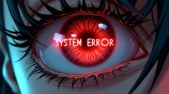 Anime style close up of a red human eye with system error text overlay.