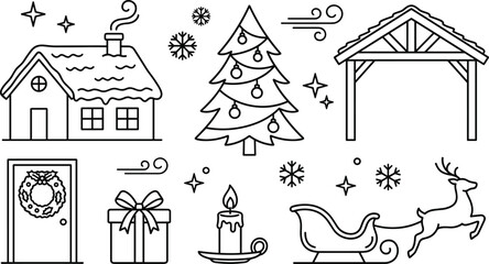 Christmas winter holiday element vector line art set with house tree sleigh reindeer stable © Sabbir Studio