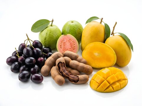 Assorted tropical fruits featuring mango guava tamarind and java plum on white surface in a.
