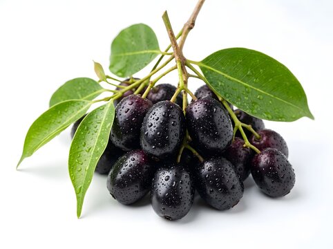 Fresh black jamun fruits with water droplets and green leaves on white background macro shot.