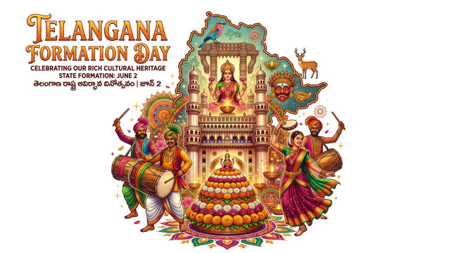 Telangana formation day celebration with cultural heritage elements isolated on transparent background