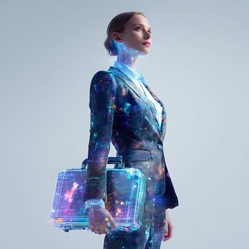 Woman in galaxy-patterned suit holds a glowing briefcase, representing business innovation.