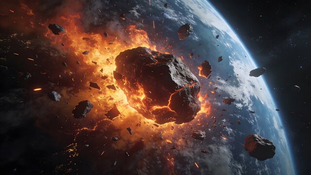 Sci-fi digital illustration of giant space rocks colliding and fracturing with bright hot lava trails, floating in outer space with planet earth view in the distance