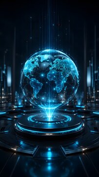 A global communication technology background featuring a digital blue earth map and network connections across a glowing planet in space