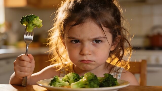 Cute young female child making an angry and unhappy face while sitting in front of a plate full of fresh broccoli, showing picky eater behavior in a warm indoor light