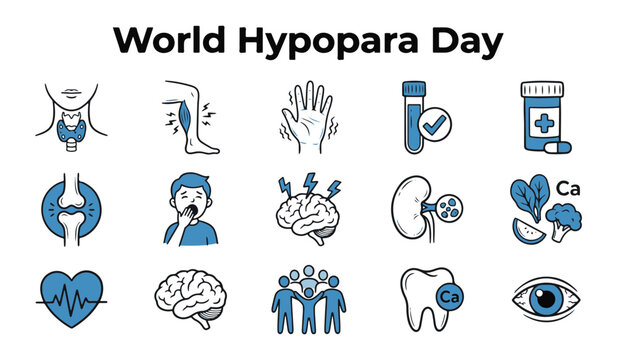 Vector Illustration "World Hypopara Day" with Hypoparathyroidism Symptoms and Medical Icons Set