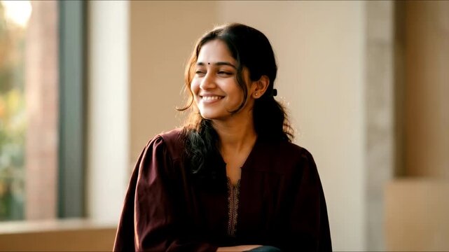 A smiling young Indian female graduate wearing a maroon graduation gown over traditional attire sits indoors looking to the side.