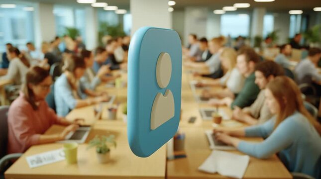Digital Identity in Modern Office: A 3D icon of a user profile floats prominently in the foreground of a busy, modern open-plan office.
