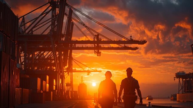 Industrial Dawn: Silhouettes of two dockworkers walk towards the rising sun, dwarfed by towering cranes in a bustling port at dawn, a testament to human endeavor and industrial might.