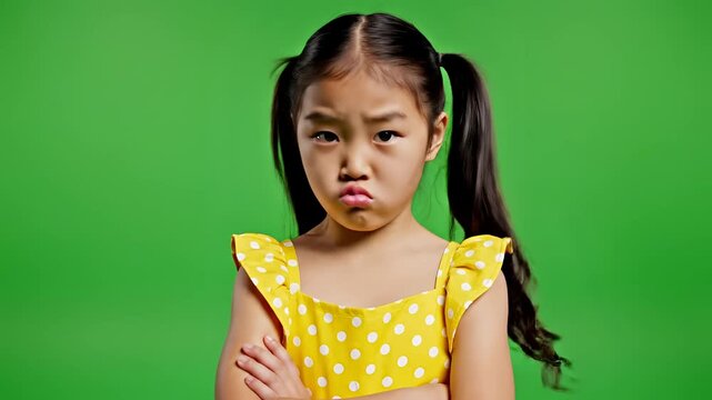 Young Asian girl expresses anger and surprise on green screen.
