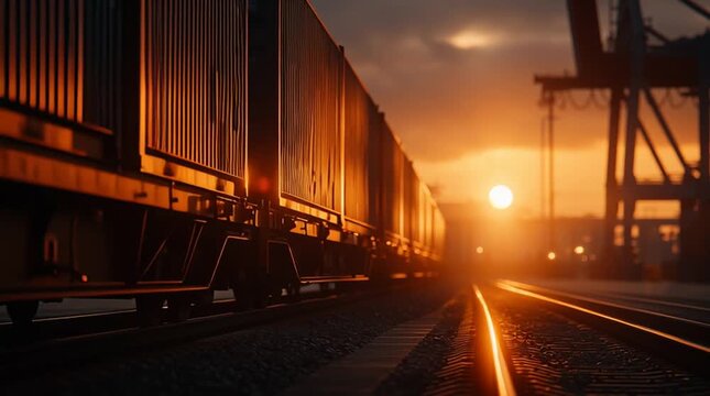 Freight Train at Sunset: A long freight train moves along a track bathed in the warm, orange glow of a setting sun, silhouetting distant industrial structures.