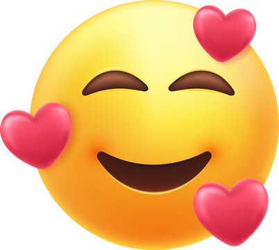 Smiling emoticon with three hearts.