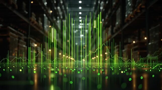 Warehouse Data Visualization: Futuristic green data charts and graphs overlay a dimly lit warehouse interior, symbolizing digital information and logistics efficiency.