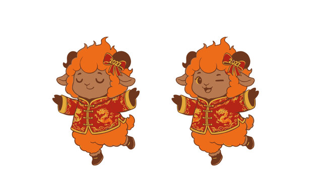 illustration of fire goat charater celebrating a chinese new year 2027, show emotion like emoticon pose
