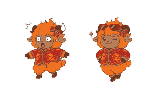 illustration of fire goat charater celebrating a chinese new year 2027, show emotion like emoticon pose