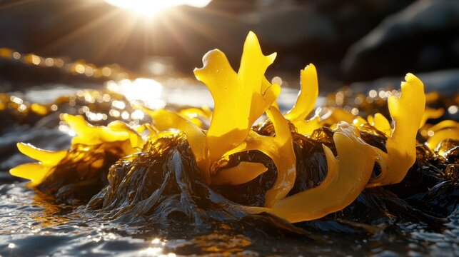 Sunlit Seaweed: Golden Algae on Rock in Sparkling Water at Sunset