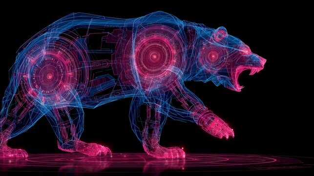 Cybernetic bear strides forward with glowing digital circuits. Neon blue and magenta pulses pulse through its skeletal form. Mouth agape, it exudes power and futuristic menace