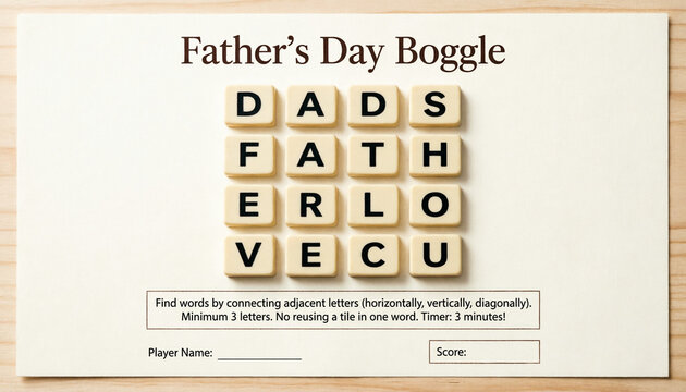 Family fun - Father's Day Boggle printable game in a warm wood style - a 4x4 grid of cream tiles with black letters forming Father's Day-themed words with instructions.