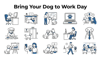Fototapeta premium Collection of Modern Line Art Vector Icons: 'Bring Your Dog to Work Day' in Office
