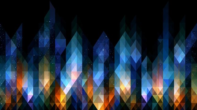 A vibrant and colorful abstract geometric pattern with blue, orange, and purple hues on a black background