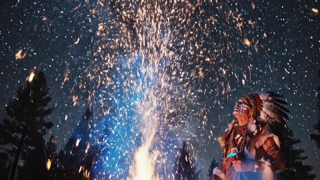 Indigenous person with fire and glowing object symbolizing tranquility, harmony, and the great outdoors