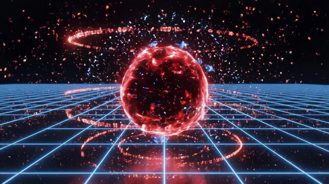 Glowing sphere on grid surface ideal for sleek commercial backgrounds and title sequences