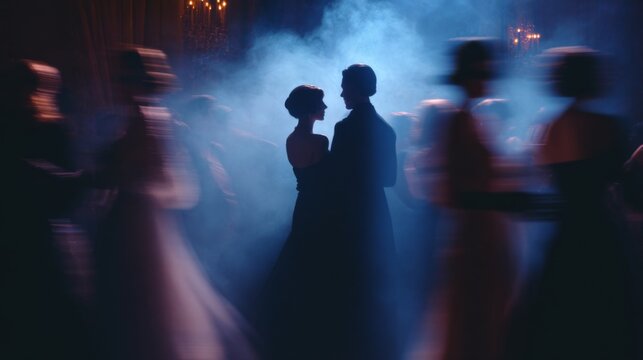 Elegant Silhouette of Dancers at a Masquerade Ball in a Blurred Atmosphere with Soft Lighting