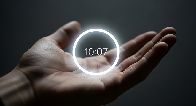 Human hand holding a glowing circular digital clock with time display representing modern time management and digital technology concepts