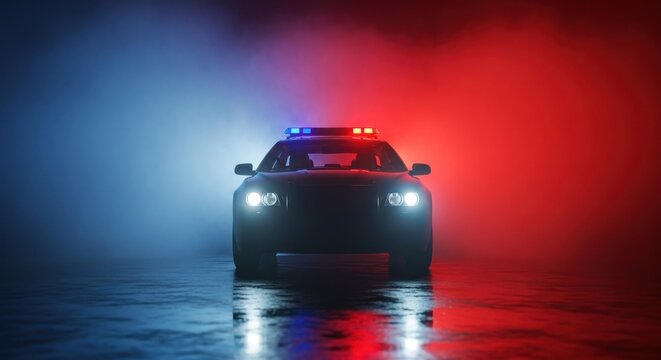 Police car drives through rain with lights on in dark scene