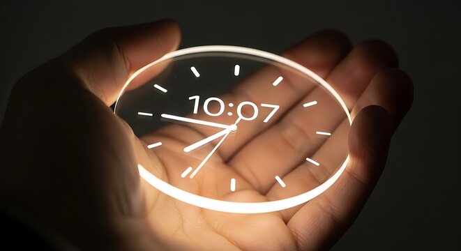 Human hand holding a glowing circular digital clock with time display representing modern time management and digital technology in business