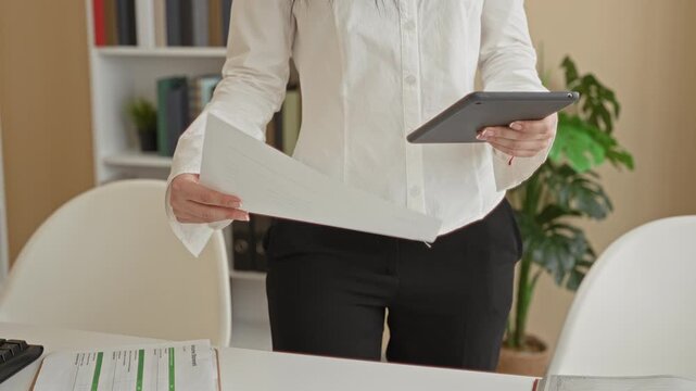 Woman in white shirt holding tablet and paper with hands, reading and comparing documents at a desk in a building; focused productivity.