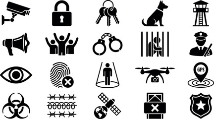 Naklejka premium Security and surveillance icon set black glyphs on white background