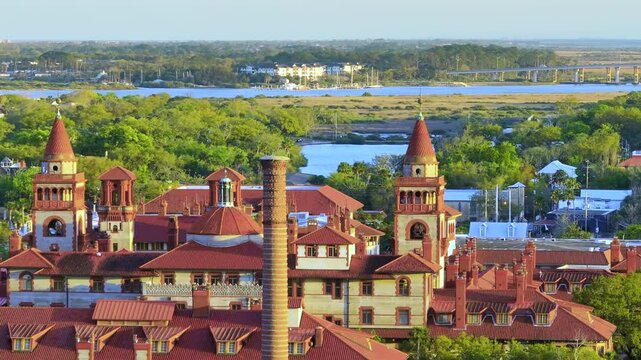Old town America architecture. Aerial view of Flagler College campus in St. Augustine city in Florida.