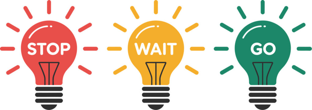 Stop, wait and go icon set, traffic light bulbs in green yellow and red representing road safety traffic management and urban planning in vector design.