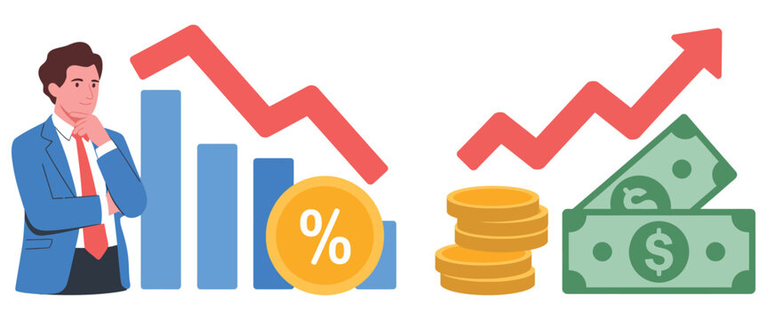 businessman analyzing stock market loss and profit with falling and rising arrows, coins, and cash, rank title illustration for financial performance evaluation, investment strategy presentations