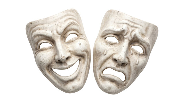 Classical theater masks comedy and tragedy stone sculpture isolated on transparent background png drama arts performance.