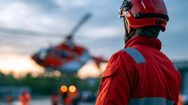 Defocused rear view of faceless paramedic in red uniform and helmet watching air ambulance helicopter taking off, emergency departure, rescue mission beginning, hope and help
