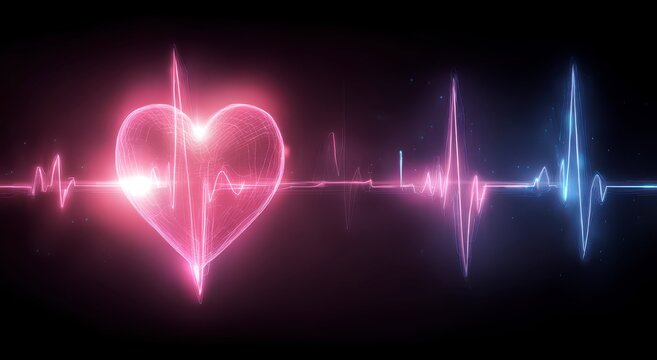 Neon heart rate monitor with pink and blue electrocardiogram waves on black background with white hi