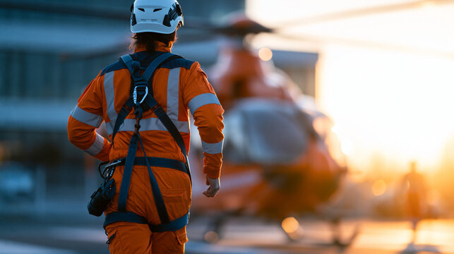 Faceless paramedic running to helicopter of emergency medical service on helipad, rescuer with safety harness climbing equipment, urgent deployment, emergency response, rescue