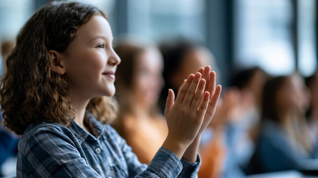 Smart faceless primary girl receiving applause after ecology presentation in modern classroom, environmental education, student achievement, academic success, peer recognition,